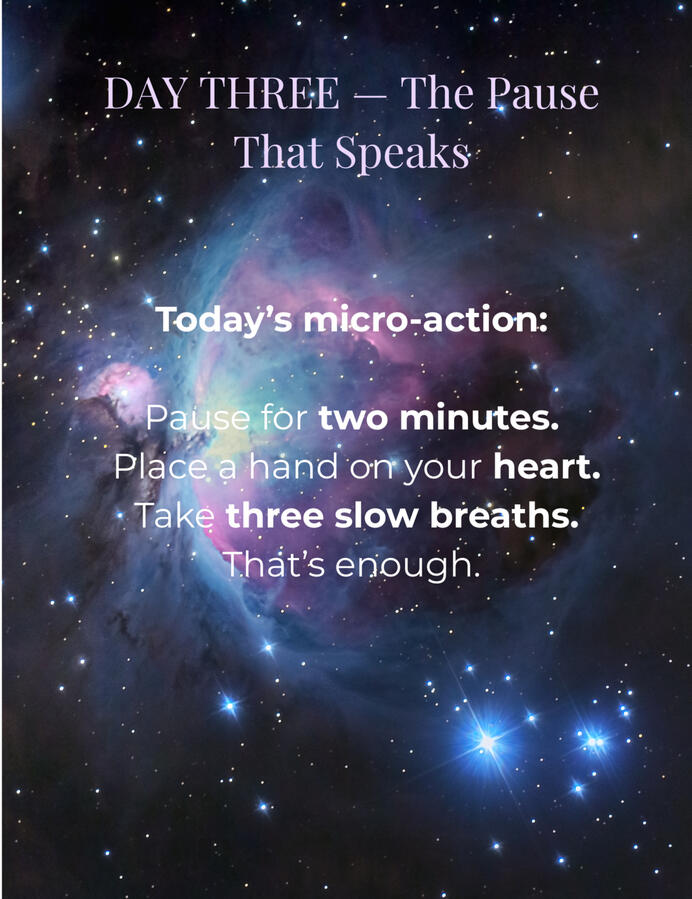 Sample micro-action page inviting the reader to pause for two minutes, place a hand on the heart, and take three slow breaths.